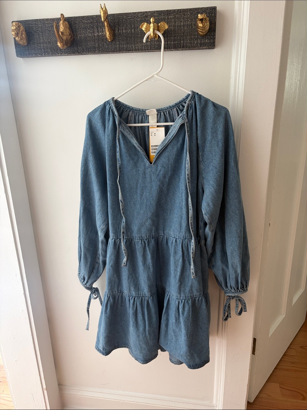 Brand New H&M Denim Blue Tiered Peasant Dress with Tie Neck SZ M